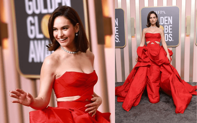 Lily James in Atelier Versace Customized Dress at Golden Globe Awards 2023