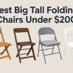 Collage of best big tall folding chairs under $200 including teak, antique wooden, metal cushioned, and white padded chairs