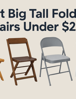 Collage of best big tall folding chairs under $200 including teak, antique wooden, metal cushioned, and white padded chairs