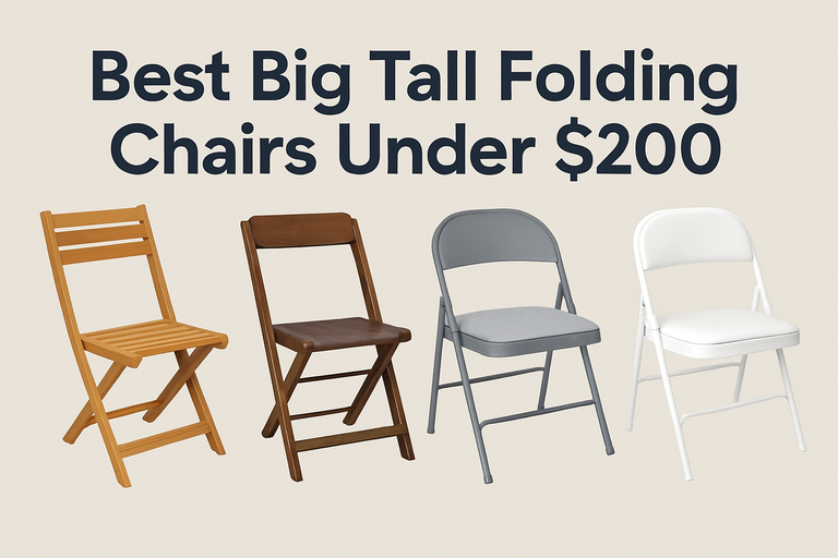 Collage of best big tall folding chairs under $200 including teak, antique wooden, metal cushioned, and white padded chairs