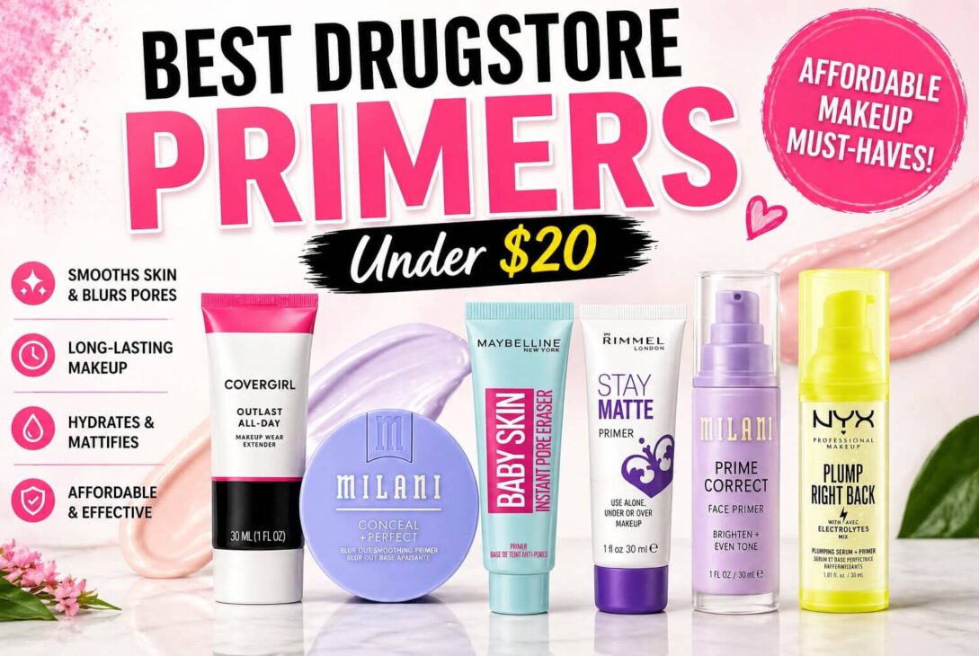 Best drugstore primers under $20 featuring Covergirl Outlast, Milani Prime Correct, Maybelline Baby Skin, Rimmel Stay Matte and NYX Plump Right Back