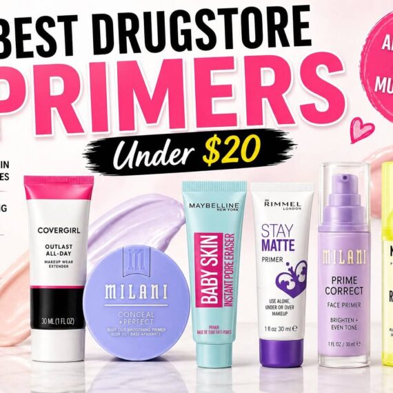 Best drugstore primers under $20 featuring Covergirl Outlast, Milani Prime Correct, Maybelline Baby Skin, Rimmel Stay Matte and NYX Plump Right Back