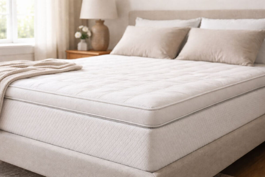 Mattress topper placed on bed for back pain support in a modern bedroom