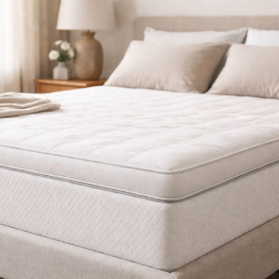 Mattress topper placed on bed for back pain support in a modern bedroom