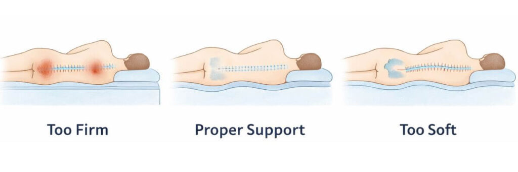 Comparison of too firm, proper support, and too soft mattress alignment for back pain