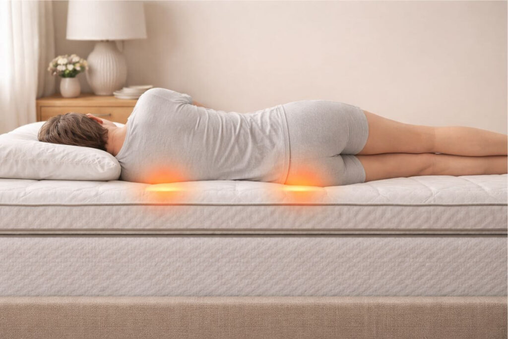 Pressure heat map showing shoulder and hip pressure buildup on a mattress.