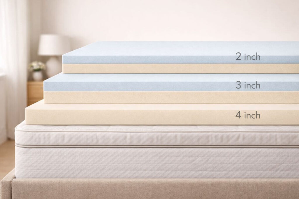 Mattress topper thickness comparison showing 2 inch, 3 inch, and 4 inch layers on a mattress.