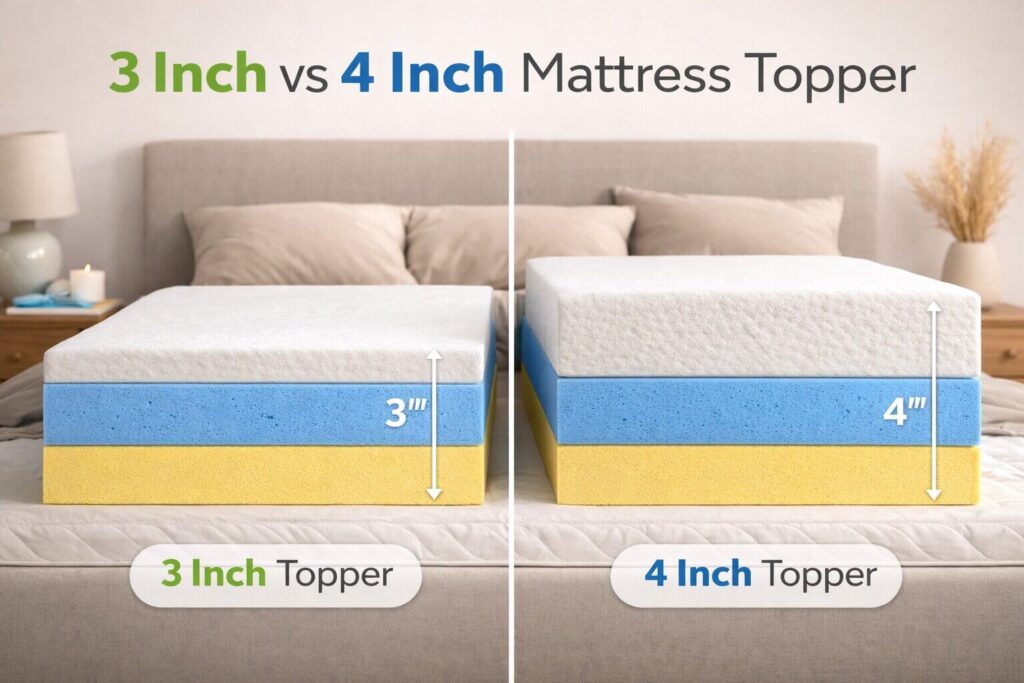 3 inch vs 4 inch mattress topper comparison showing thickness difference with foam layers and height measurement on same mattress