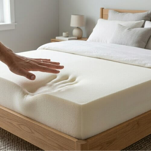 Memory foam mattress topper contouring under pressure to provide body support and pressure relief