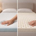 Memory foam vs latex mattress topper comparison on a bed showing contouring foam and ventilated latex surface