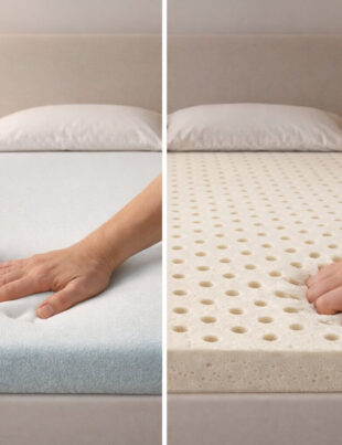 Memory foam vs latex mattress topper comparison on a bed showing contouring foam and ventilated latex surface