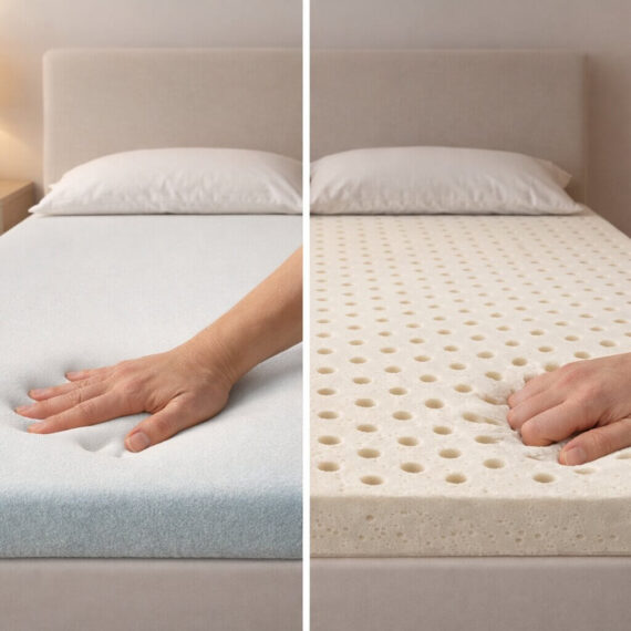 Memory foam vs latex mattress topper comparison on a bed showing contouring foam and ventilated latex surface