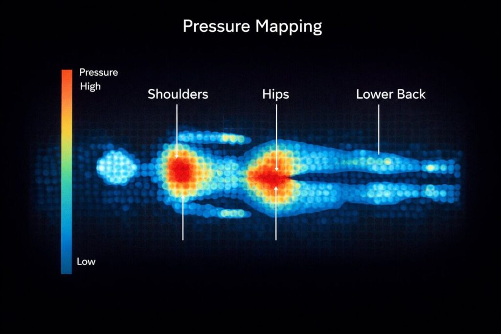 Body pressure distribution on mattress showing high pressure zones at shoulders and hips