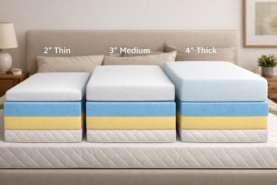 Mattress topper thickness comparison showing 2 inch vs 3 inch vs 4 inch topper height and layers