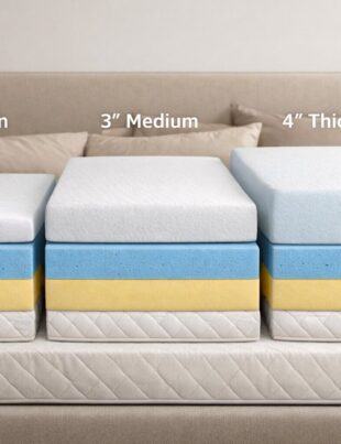 Mattress topper thickness comparison showing 2 inch vs 3 inch vs 4 inch topper height and layers