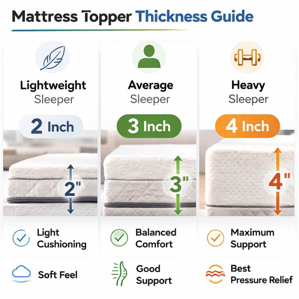 mattress topper thickness guide chart showing 2 inch for lightweight sleepers, 3 inch for average sleepers, and 4 inch for heavy sleepers