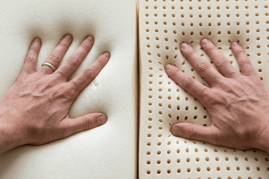 Close up comparison of memory foam and natural latex mattress topper materials showing contouring foam and breathable latex holes