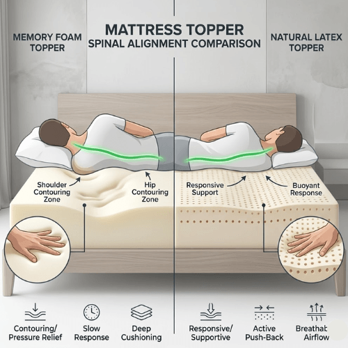 Spinal alignment comparison showing how memory foam and latex mattress toppers support the body during sleep